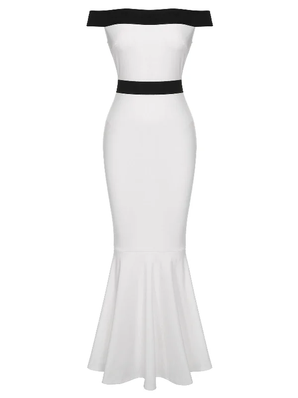 White 1930s Off-Shoulder Fishtail Dress