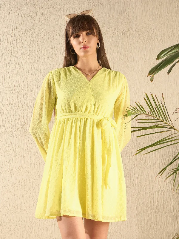 Women Yellow Wrap Full Sleeves Dress