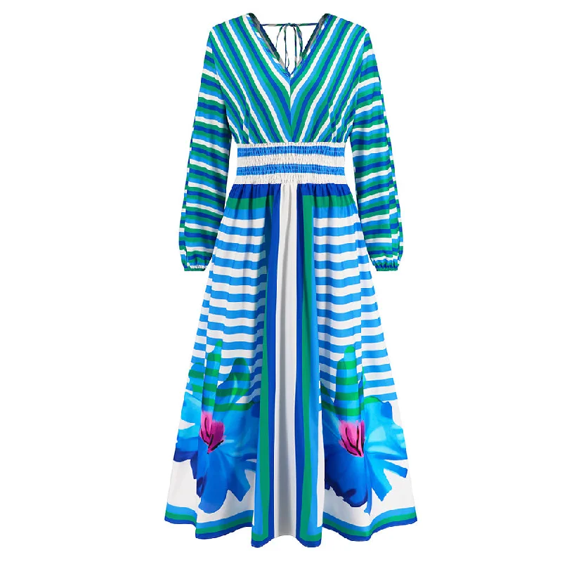 Women's Fit Slimming Long Sleeves Striped Printed Dress A- Dresses