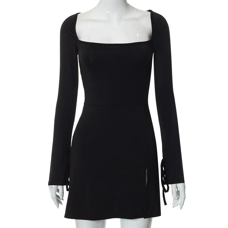 Women's Long Sleeve Solid Color Square Collar Slim Dresses