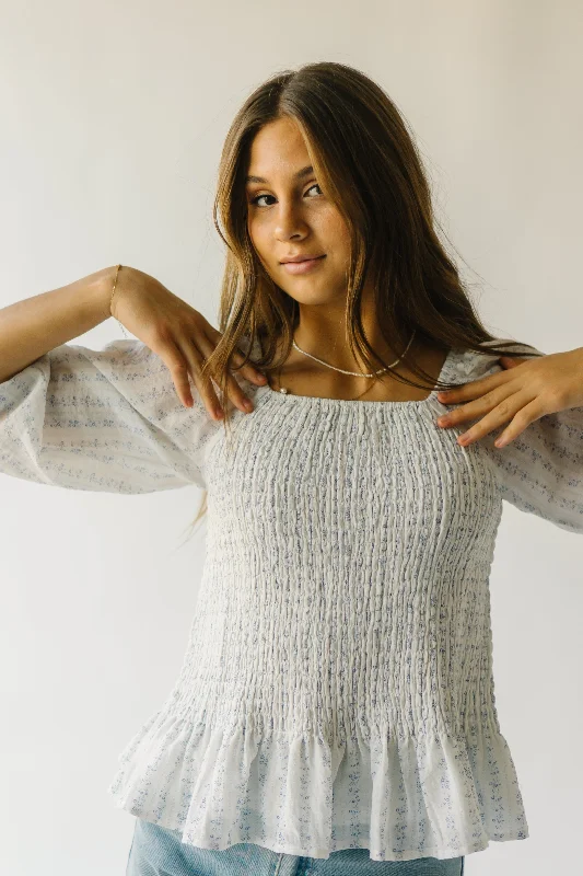 The Tamburro Smocked Detail Blouse in Ivory + Blue