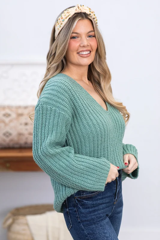 Sage Ribbed V-Neck Chunky Sweater