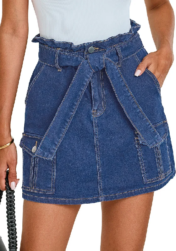 Medium Blue - Sand Wash Women's High Waisted Denim Jean Skorts With Pocket Elastic PaperBag Waist Skorts