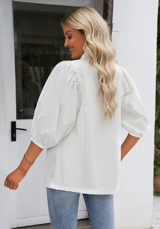 Brilliant White 2023 Denim Shirt Women Button Down Chambray Oversized Puff Sleeve Blouses Distressed Western Jean Tops