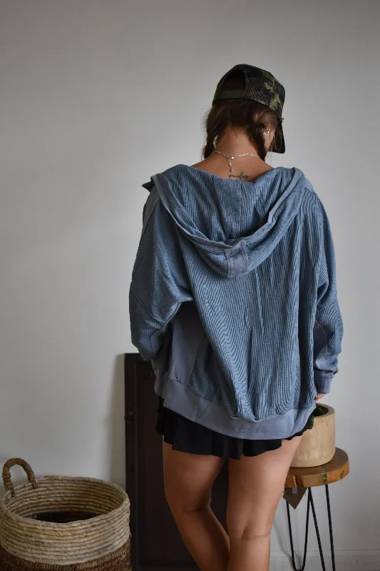 Denim Blue Waffle Knit Zip-Up Hoodie