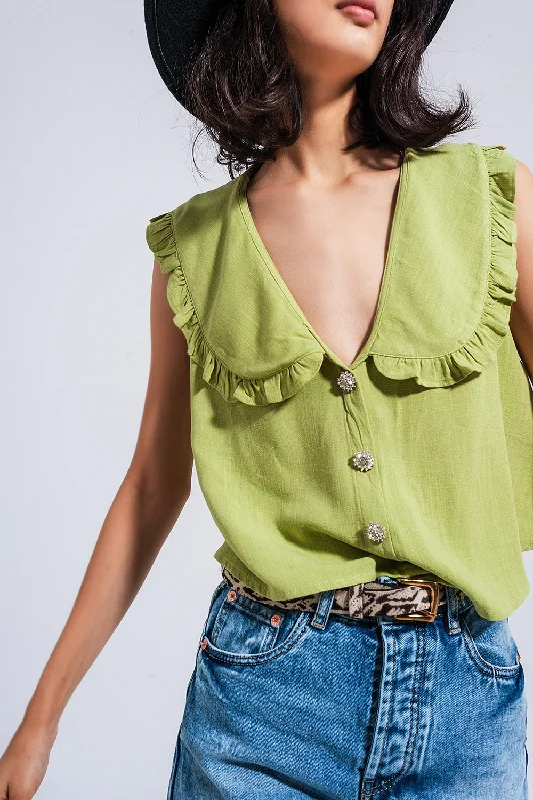 Hot Girl Rhinestone Button With Bib Collar Short Sleeve Crop Top in Green