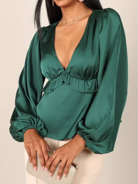 Hot Girl V-Neck Lantern Sleeve Peplum Long Sleeve Blouse In Emerald