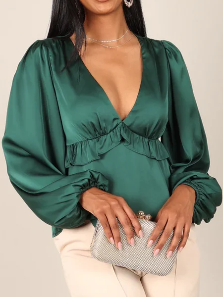 Hot Girl V-Neck Lantern Sleeve Peplum Long Sleeve Blouse In Emerald