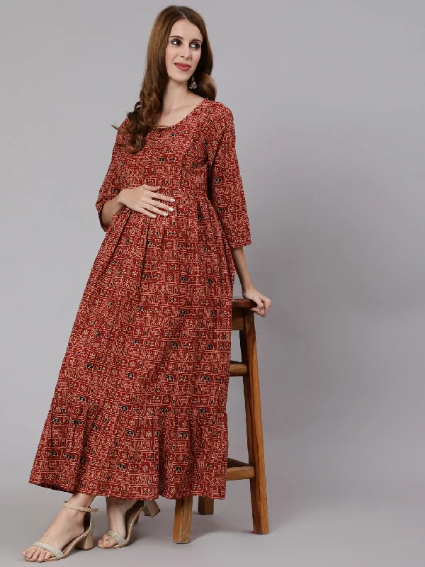 NOZ2TOZ Women Rust Ethnic Printed Maternity Dress With Three Quarter Sleeves