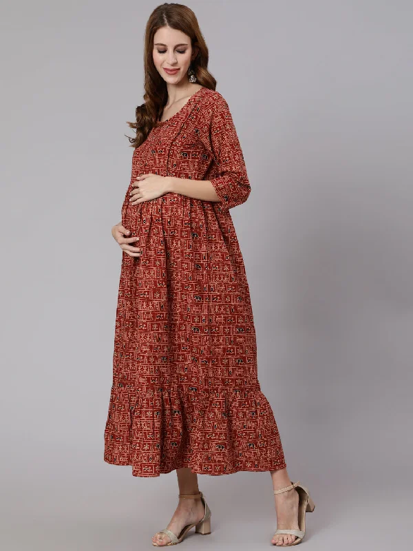 NOZ2TOZ Women Rust Ethnic Printed Maternity Dress With Three Quarter Sleeves