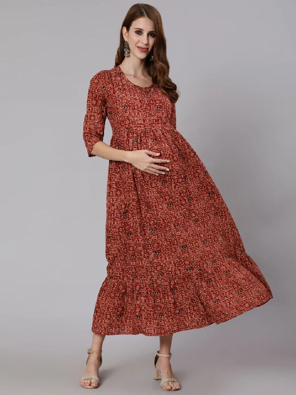 NOZ2TOZ Women Rust Ethnic Printed Maternity Dress With Three Quarter Sleeves