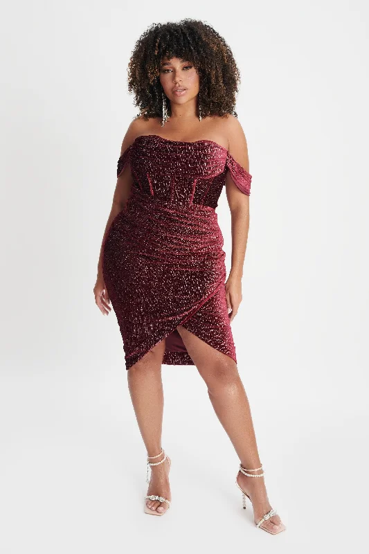 BLAKE Curve Diamante Velvet Pleated Off Shoulder Midi Dress In Burgundy