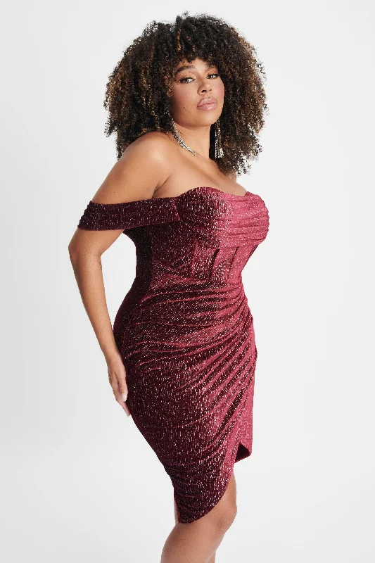 BLAKE Curve Diamante Velvet Pleated Off Shoulder Midi Dress In Burgundy