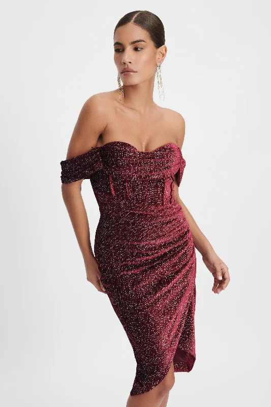 BLAKE Diamante Velvet Pleated Off Shoulder Midi Dress In Burgundy