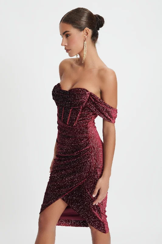 BLAKE Diamante Velvet Pleated Off Shoulder Midi Dress In Burgundy