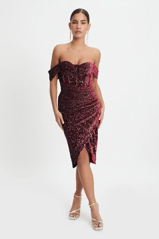 BLAKE Diamante Velvet Pleated Off Shoulder Midi Dress In Burgundy