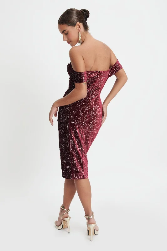 BLAKE Diamante Velvet Pleated Off Shoulder Midi Dress In Burgundy