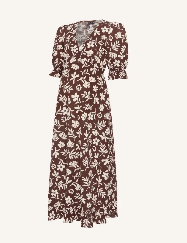 Maternity Brown Botanical Print Delilah Midi Dress