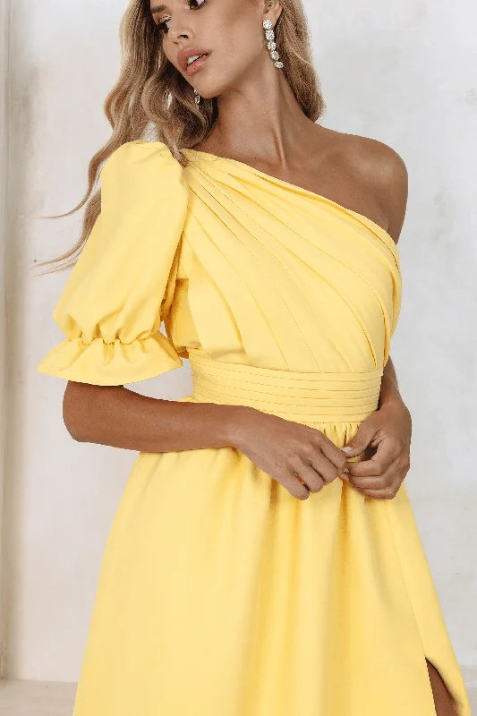 STASSI One Shoulder Puff Midi Dress In Yellow