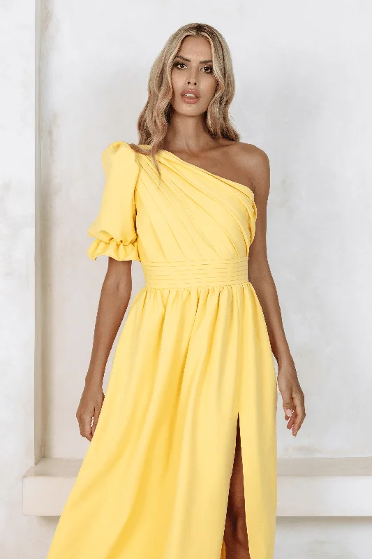 STASSI One Shoulder Puff Midi Dress In Yellow