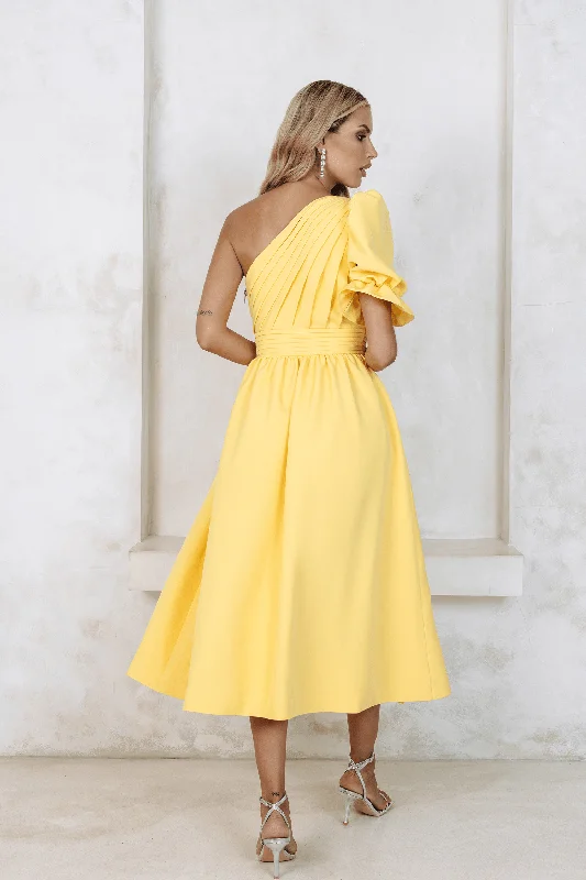 STASSI One Shoulder Puff Midi Dress In Yellow