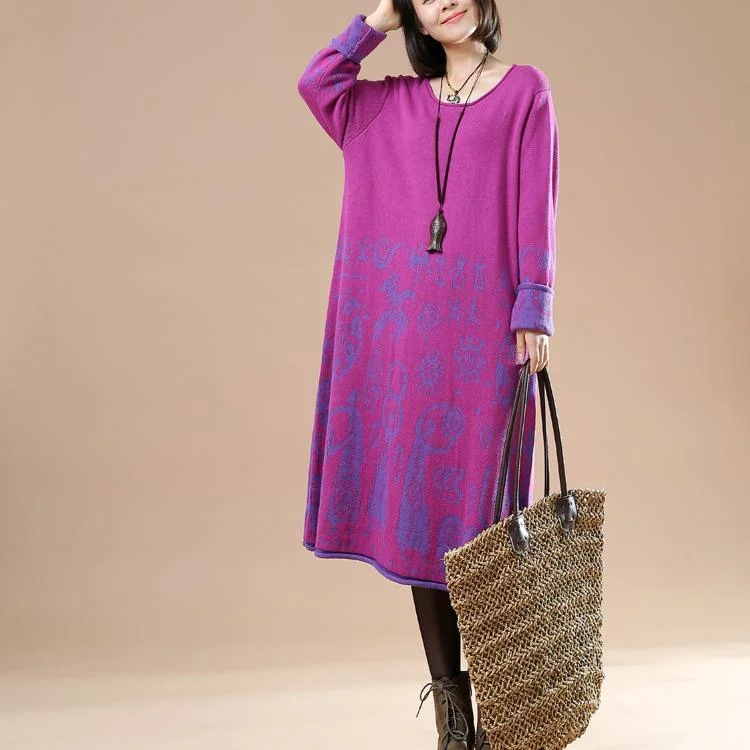 Purple print sweaters plus size knit dresses secret paper cut