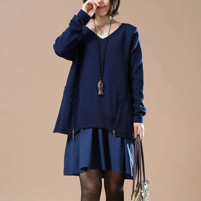 V neck navy sweaters layered knit dresses