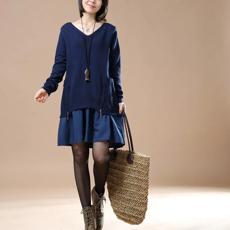 V neck navy sweaters layered knit dresses