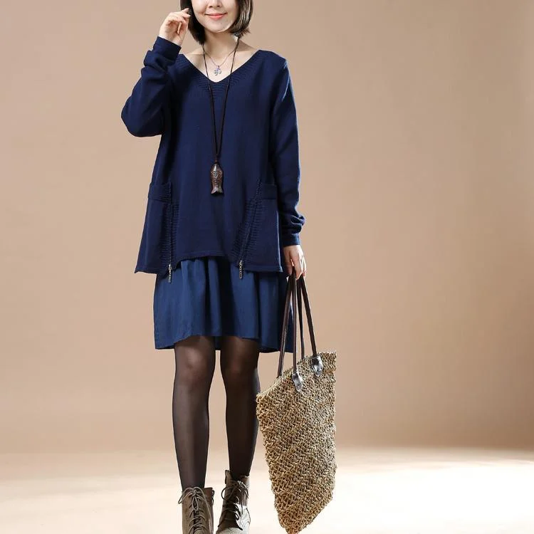 V neck navy sweaters layered knit dresses