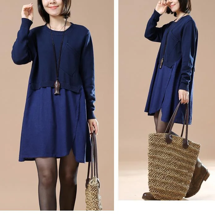 V neck navy sweaters layered knit dresses