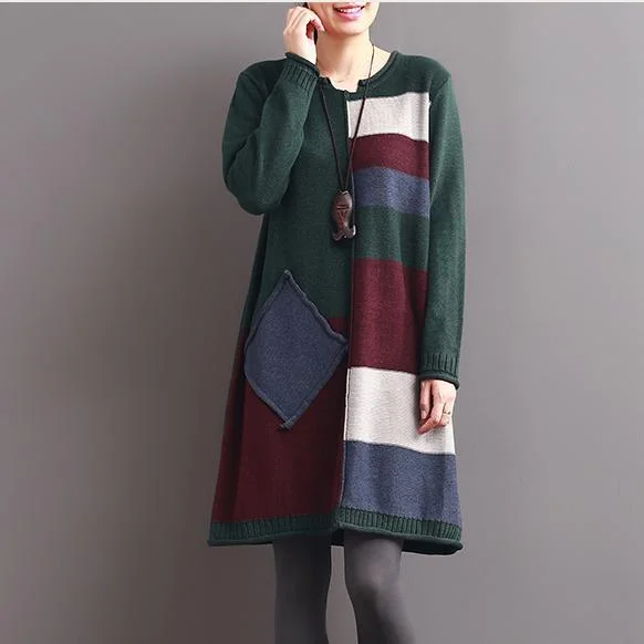 winter blackish green patchwork knit dresses long sweaters