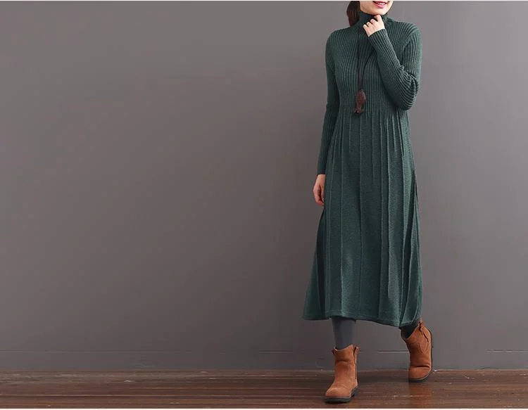 2017 spring green turtle neck knit dresses long tunic sweaters