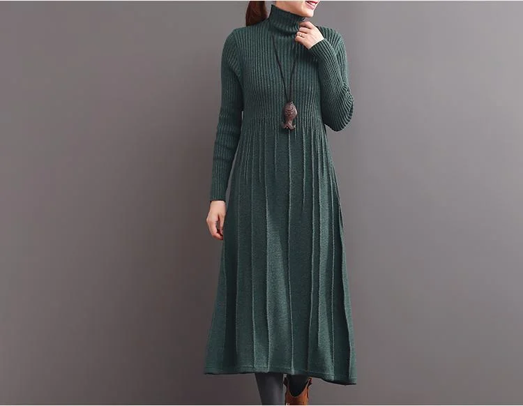 2017 spring green turtle neck knit dresses long tunic sweaters