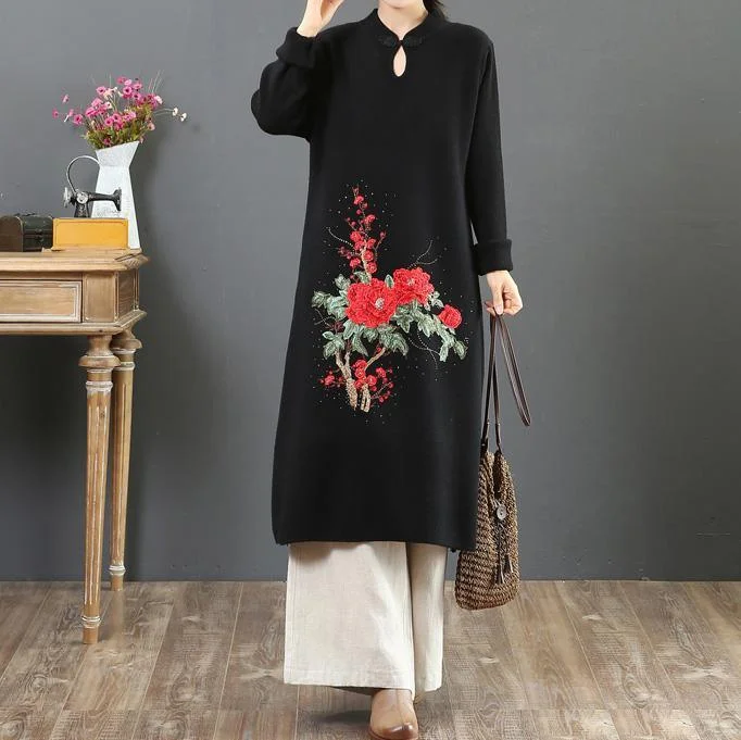 Aesthetic stand collar Sweater embroidery weather Largo black Tejidos sweater dresses