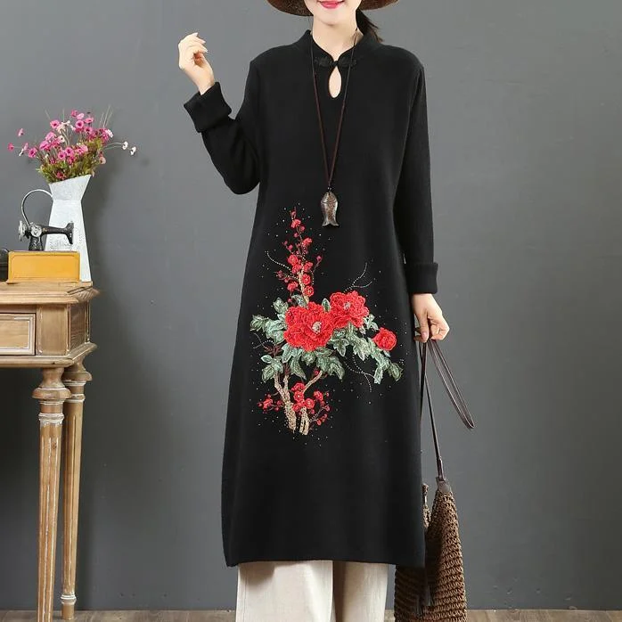 Aesthetic stand collar Sweater embroidery weather Largo black Tejidos sweater dresses