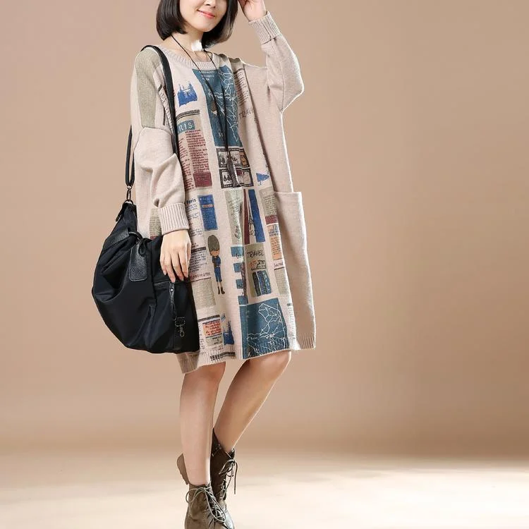 Beige plus size sweaters newspaper print knit dress