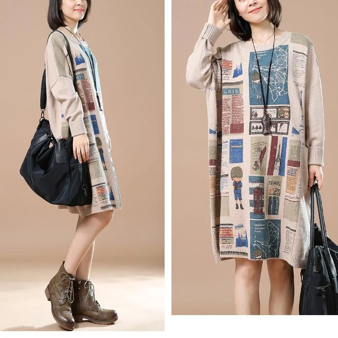 Beige plus size sweaters newspaper print knit dress