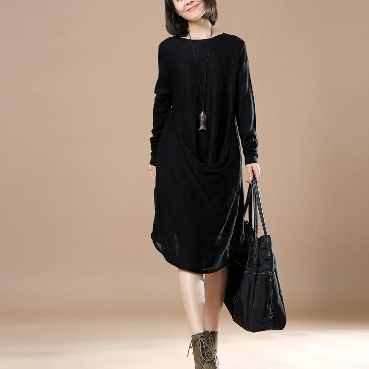 Black asymmetrical knit dresses long sweater