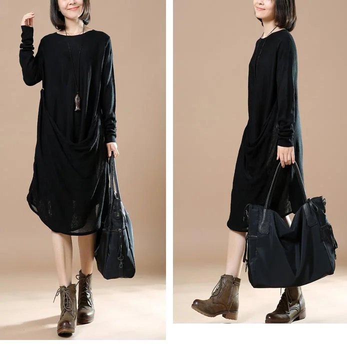 Black asymmetrical knit dresses long sweater