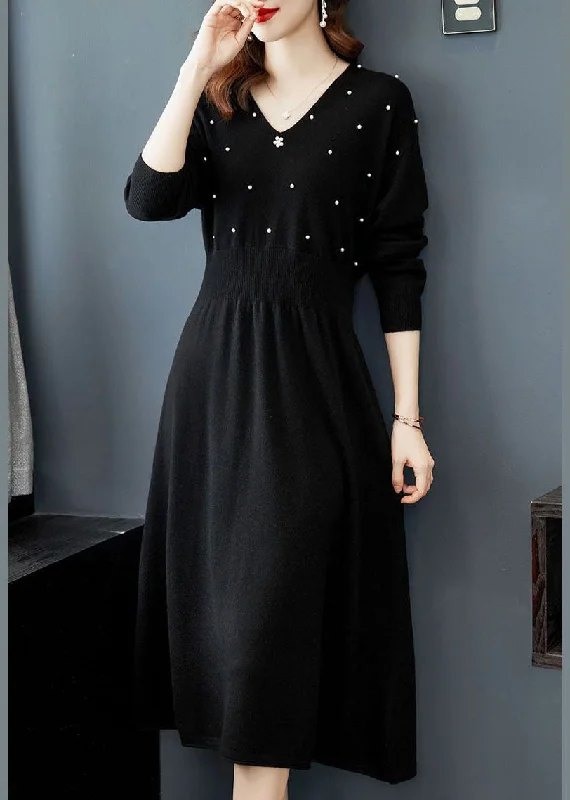 Black Knit Sweater Dress V Neck Nail Bead Exra Large Hem Winter