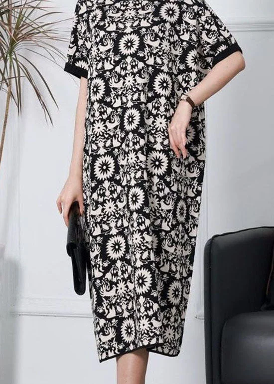 Black Patchwork Print Knit Dress Stand Collar Short Sleeve