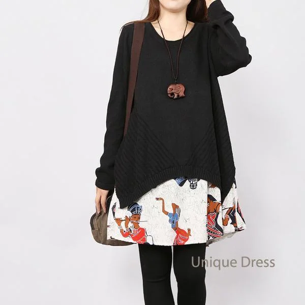 Black print layered women sweater dress