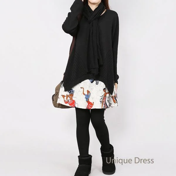 Black print layered women sweater dress