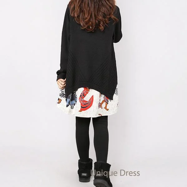 Black print layered women sweater dress