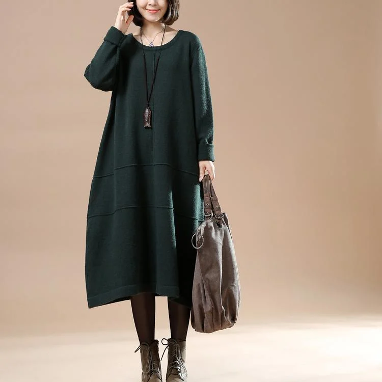 Blackish green long sweaters oversize knit dresses elegant style