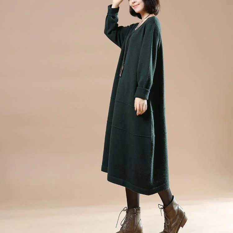 Blackish green long sweaters oversize knit dresses elegant style