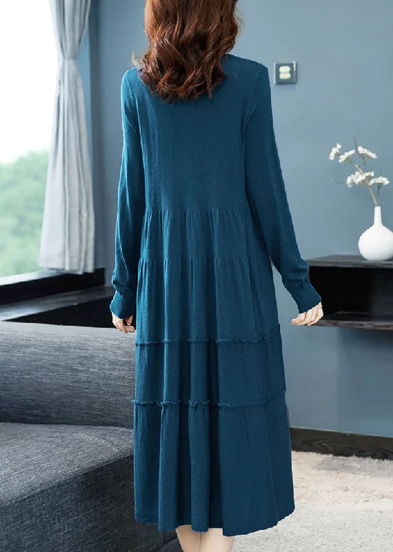 Blue Knit Sweater Dress O-Neck Ruffled Solid Button Winter