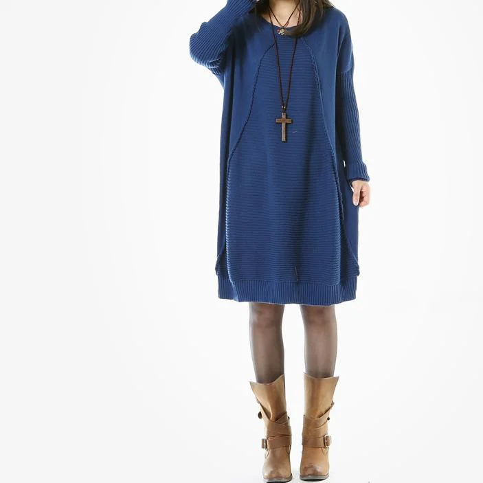 Blue long women sweaters causal pullover knit dresses