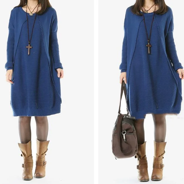 Blue long women sweaters causal pullover knit dresses