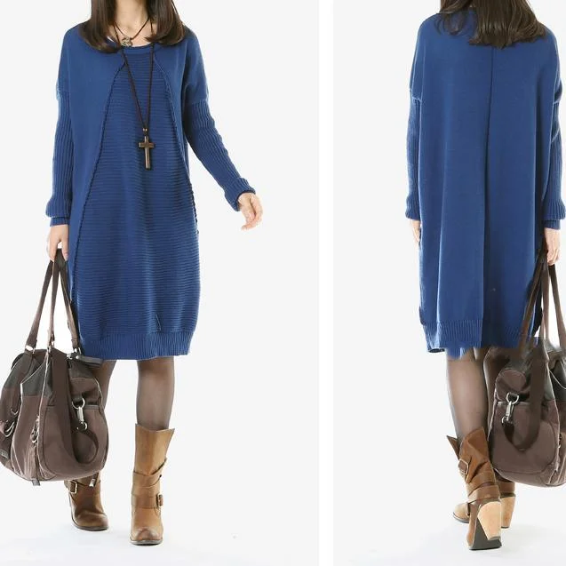 Blue long women sweaters causal pullover knit dresses